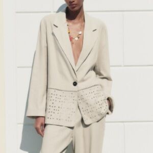 NWT Zara linen blend single breasted eyelet blazer beige size Small